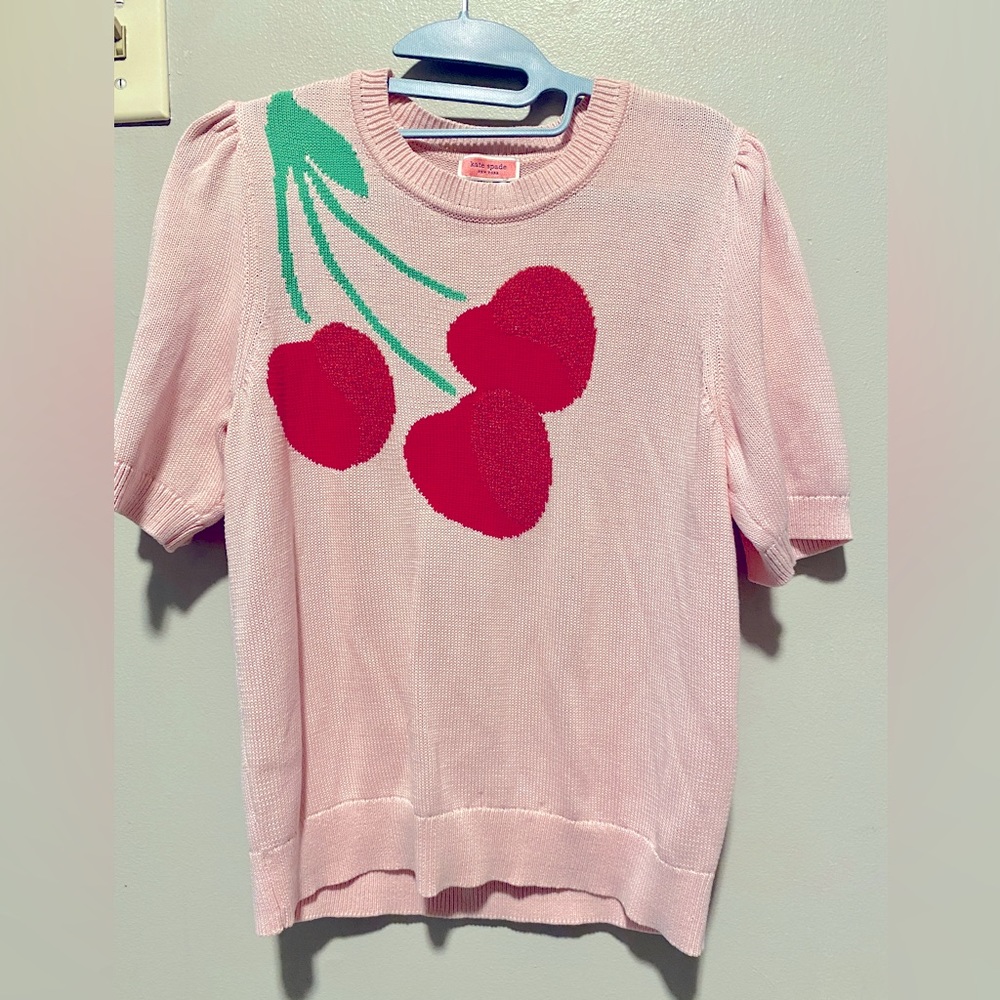 KATE SPADE Pink Short Sleeve Sweater with Cherries NWOT L